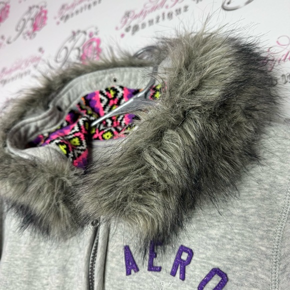 Aeropostale hoodie fur trim hood knit crochet neon inside hood zip up sweater - Picture 10 of 14